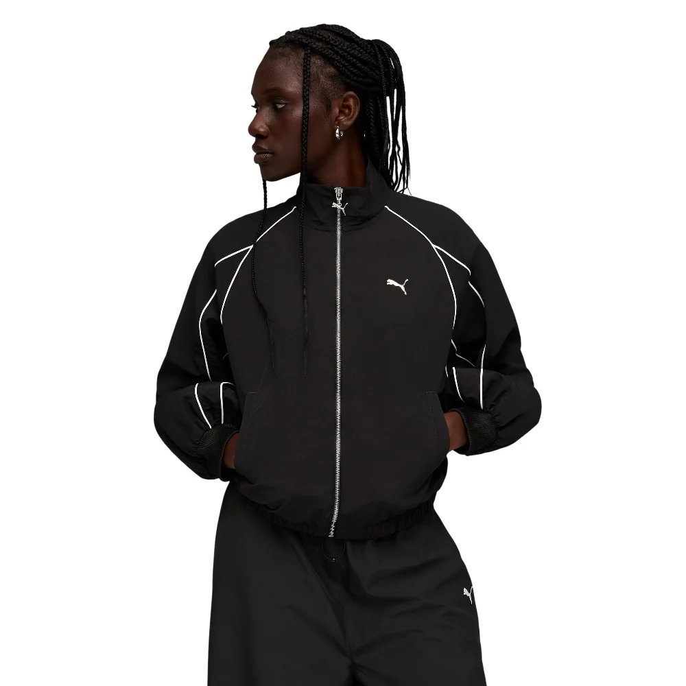 T7 Balloon Sleeve Piping Relaxed Woven Track Jacket Black - Image 3