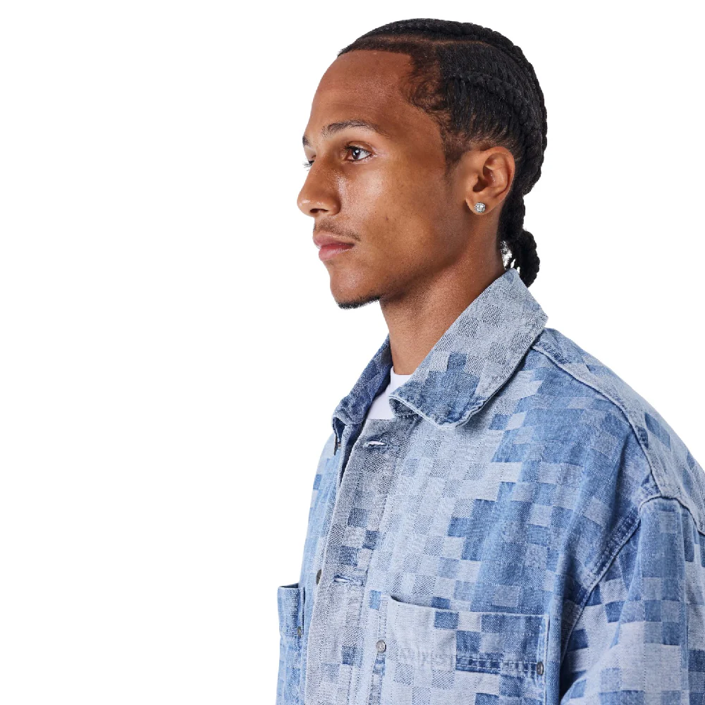 Pixelated Checkered Denim Jacket Blue - Image 3
