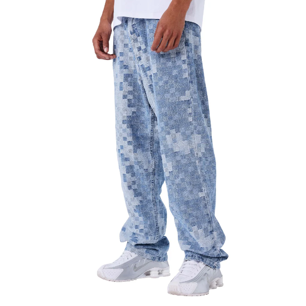 Pixelated Checkered Jeans Blue